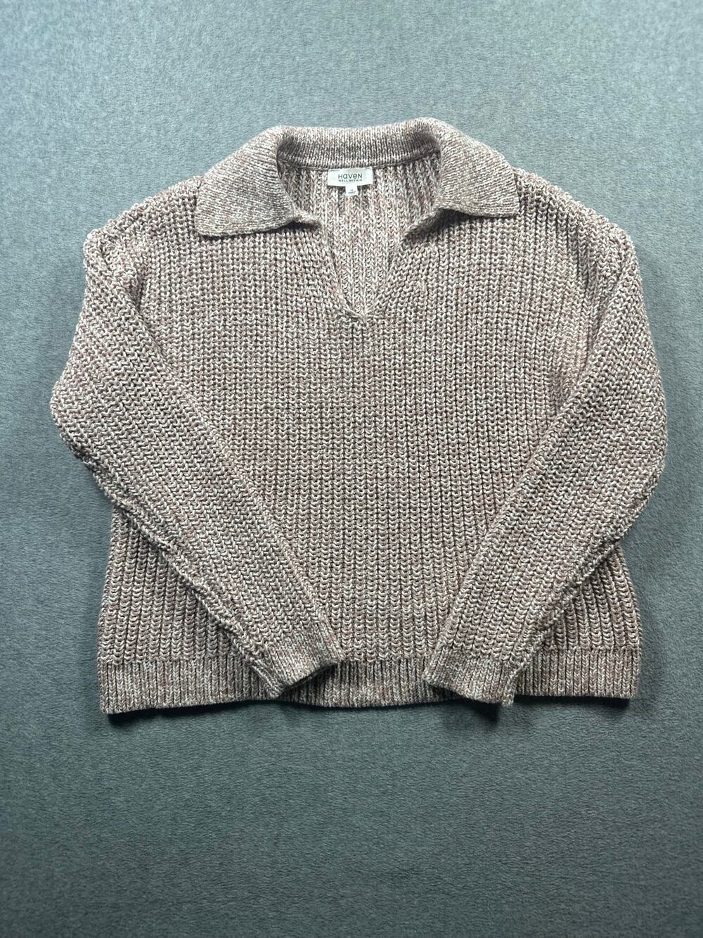 Haven Well Within Textured Knit Split Collar Sweater Women's Medium Pink White